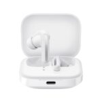 Redmi Buds 5 wireless earbuds with open charging case in Fusion White