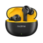 Realme Buds T110 earbuds in black with open yellow-accented charging case