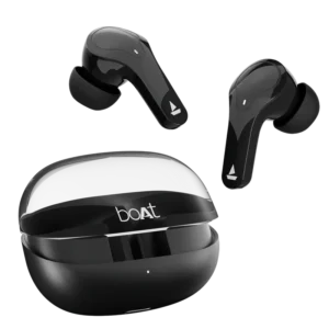 Black wireless earbuds with a transparent-lid charging case displaying the boAt brand.