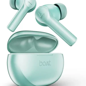 boAt Airdopes Supreme earbuds with open charging case in teal colour