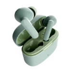 Green wireless earbuds placed inside an open charging case.