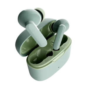 Green wireless earbuds placed inside an open charging case.
